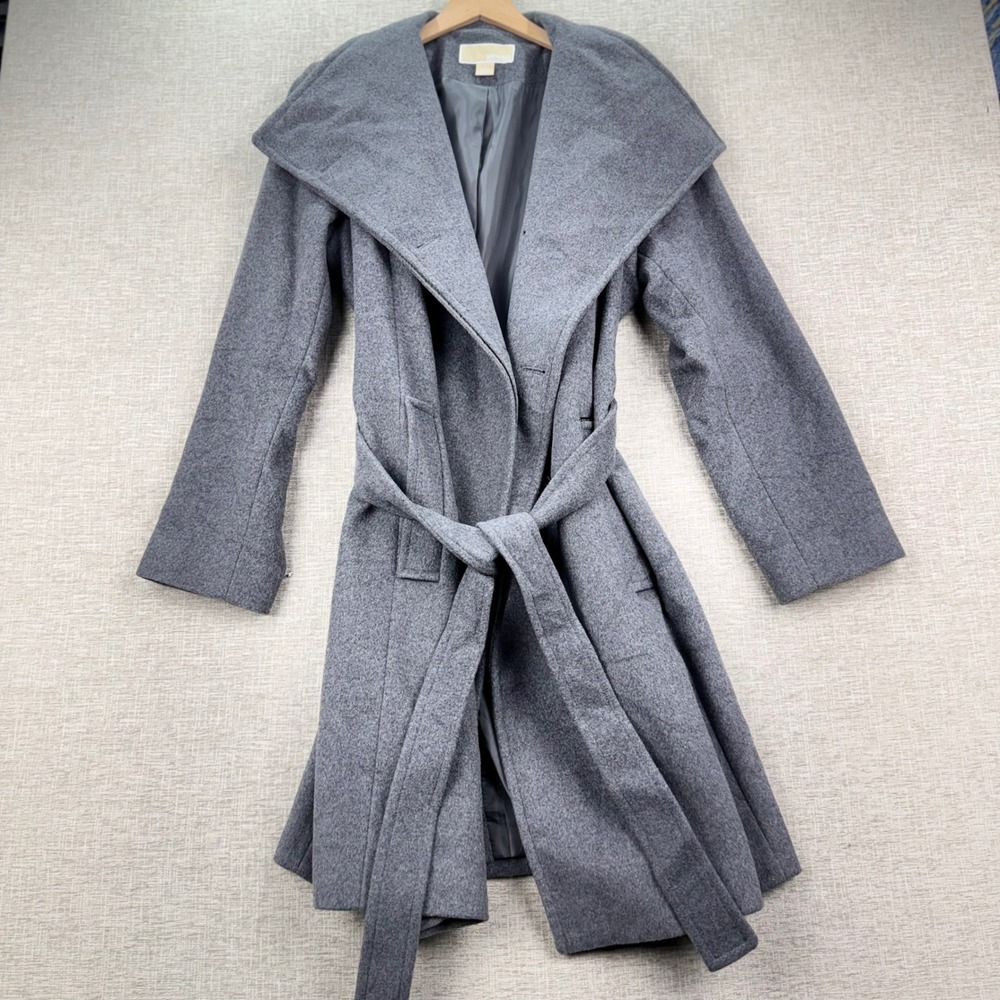 Michael Kors Heather Gray Wool Blend Wrap Coat Shawl Collar Belted Size L